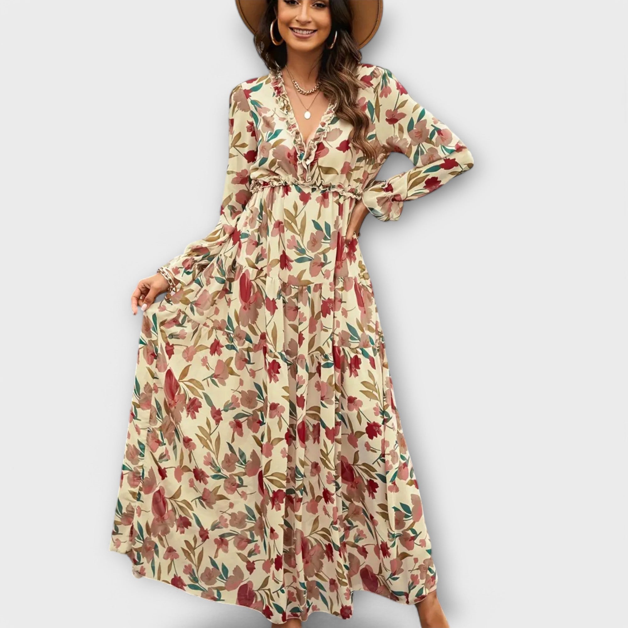 Elvira – Elegant Maxikjole med Blomsterprint og Tidssvarende Lethed