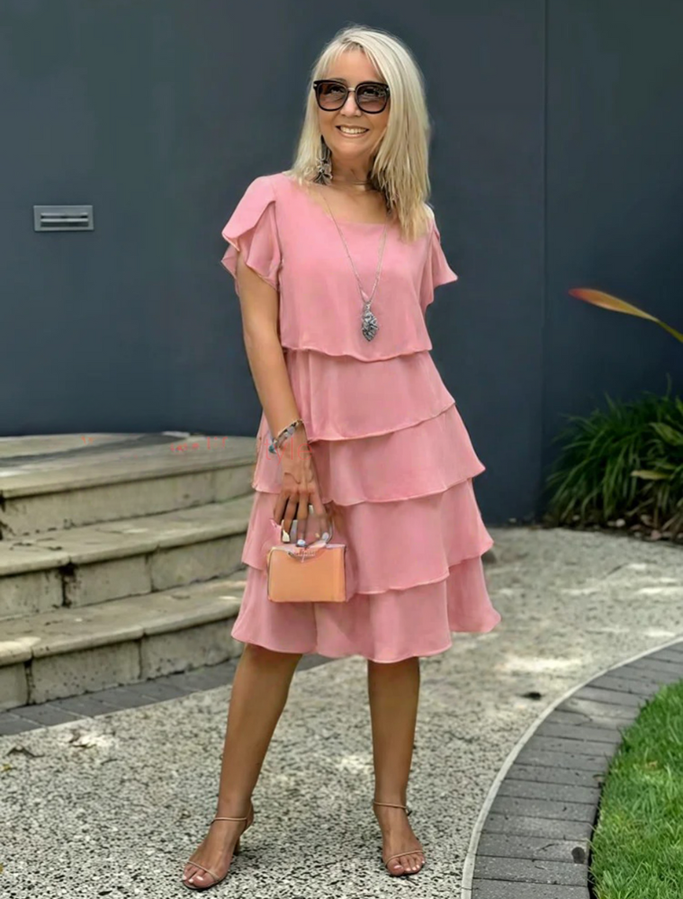 Susanne | Kvinders Lagdelt Sommer Midi Kjole med Flæser