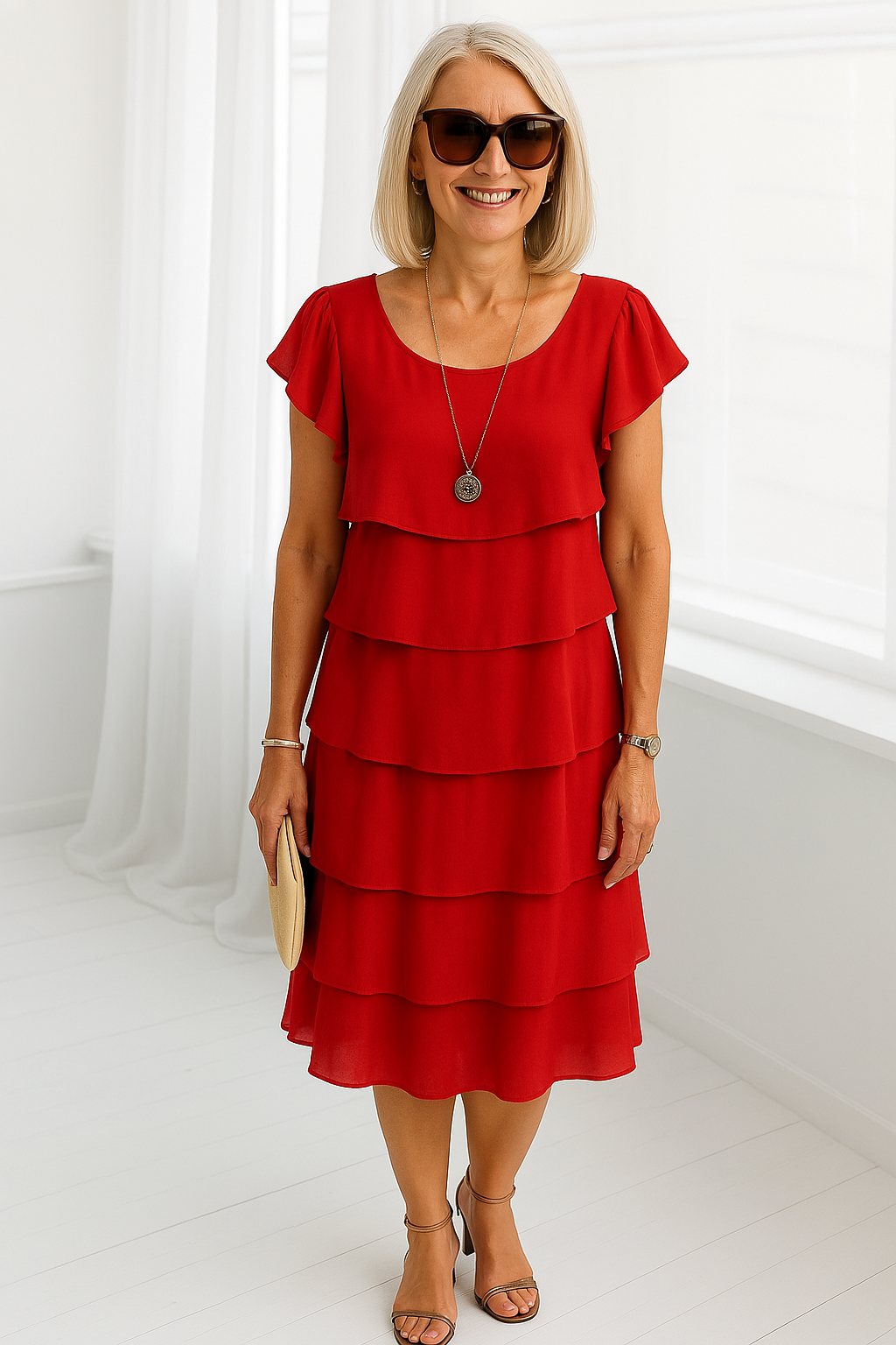 Susanne | Kvinders Lagdelt Sommer Midi Kjole med Flæser