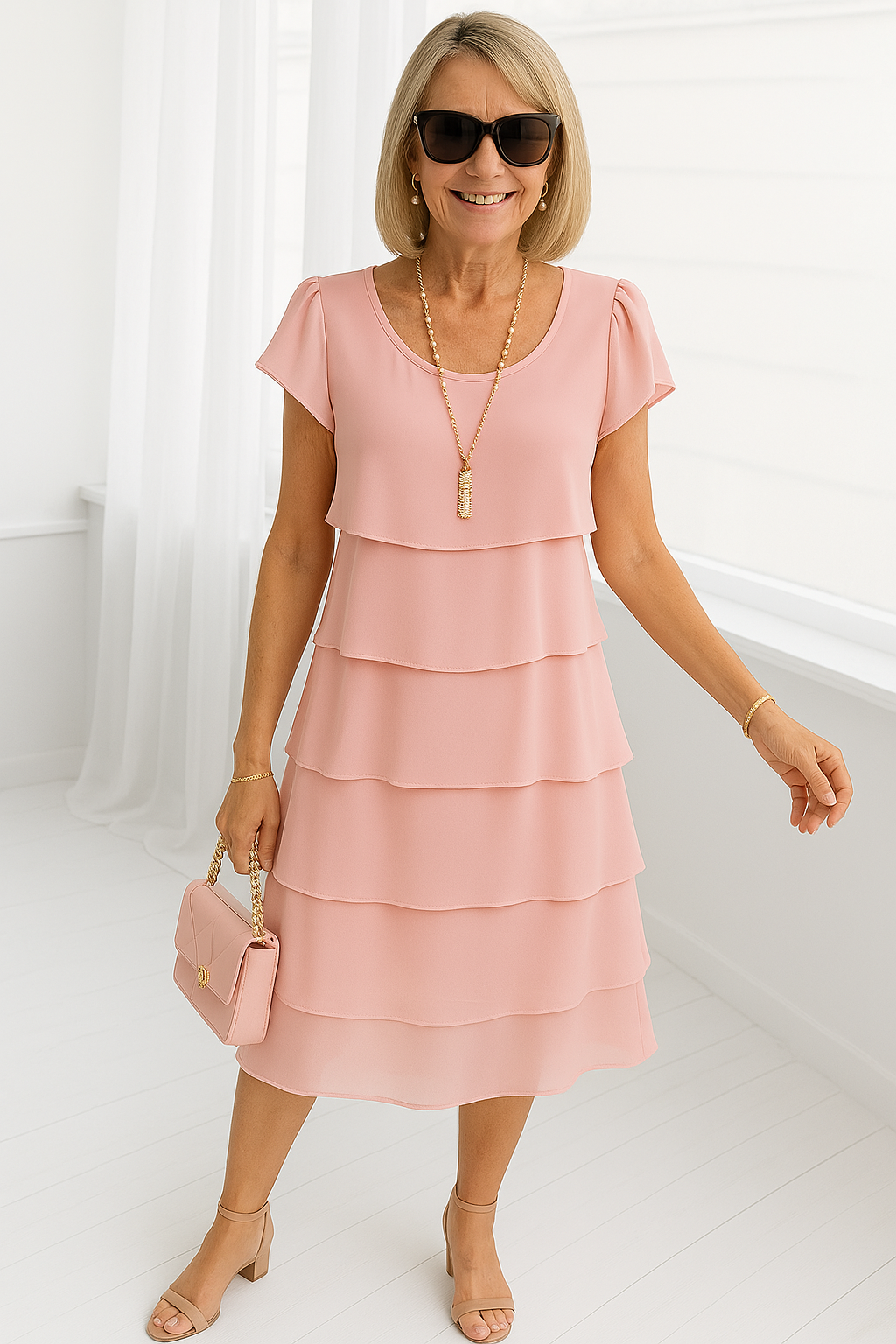 Susanne | Kvinders Lagdelt Sommer Midi Kjole med Flæser