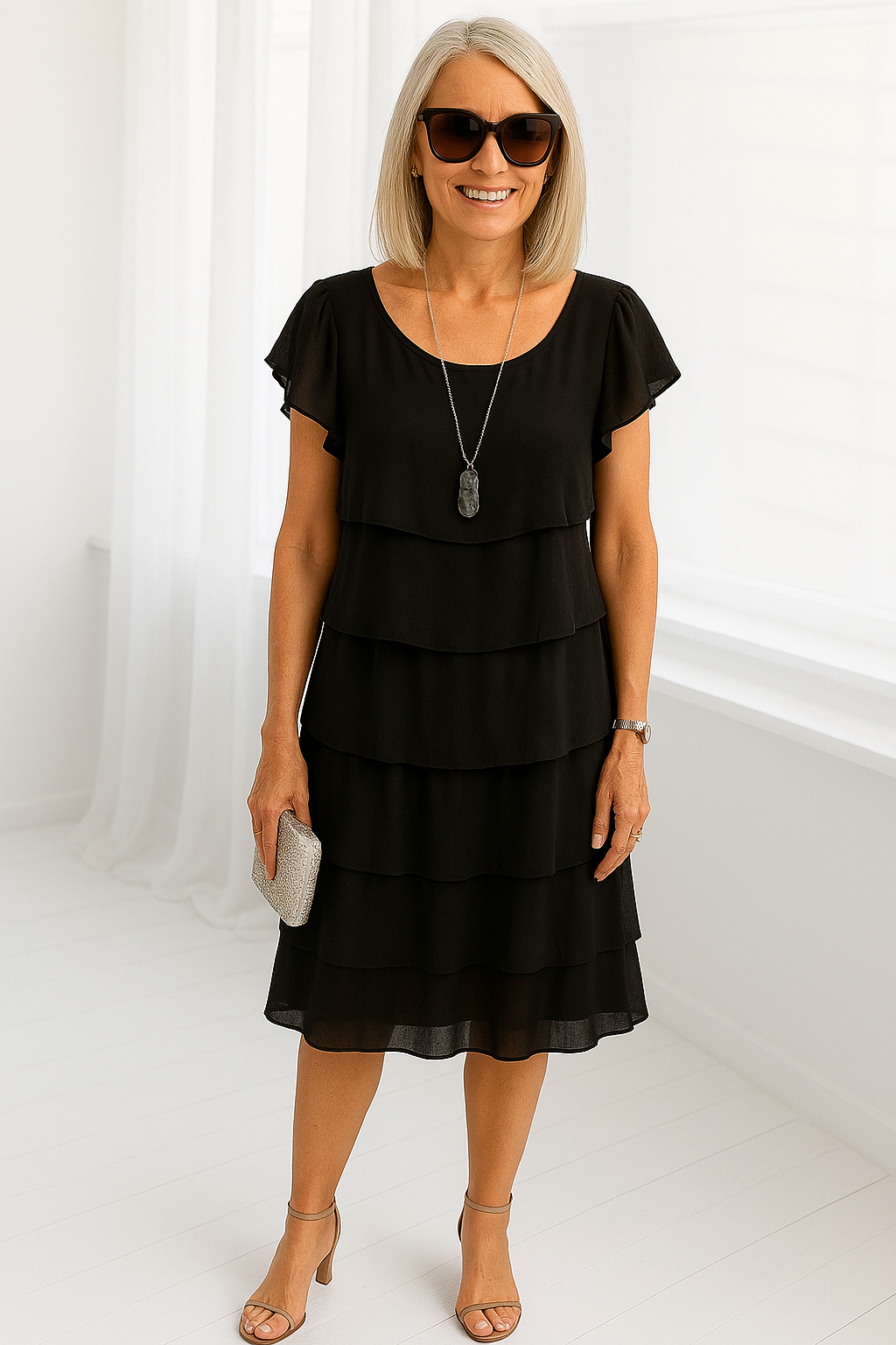 Susanne | Kvinders Lagdelt Sommer Midi Kjole med Flæser