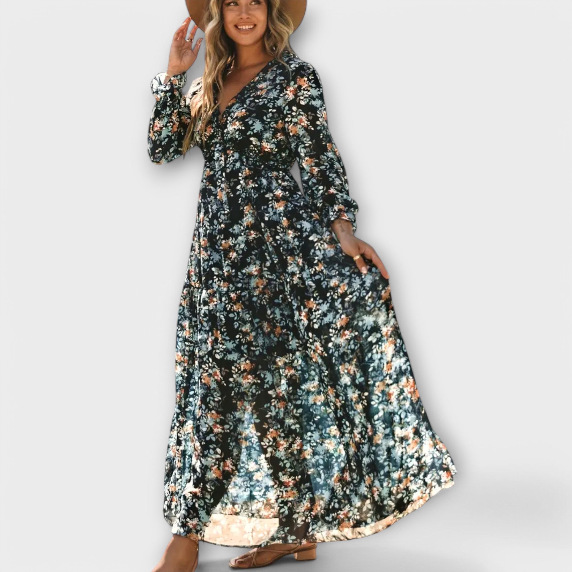 Elvira – Elegant Maxikjole med Blomsterprint og Tidssvarende Lethed
