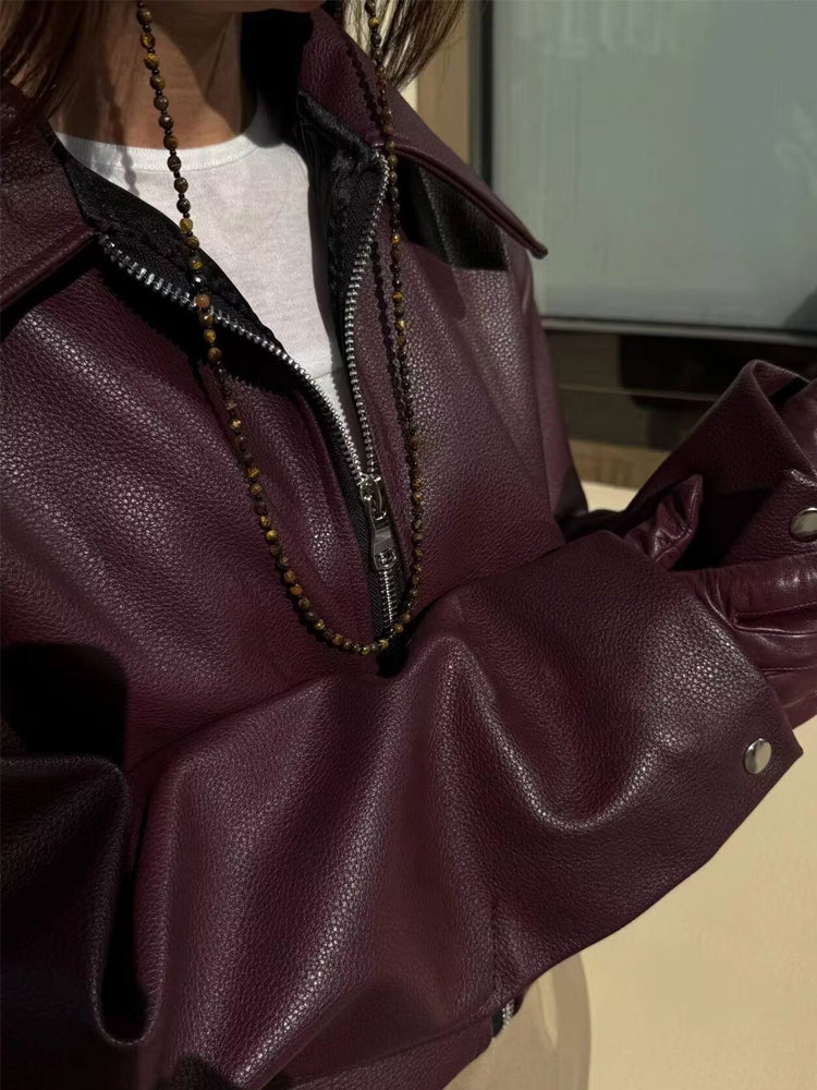 Alette | Moderigtig Læder Bikerjakke med Lynlås Dame