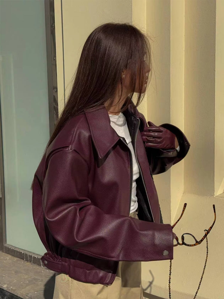 Alette | Moderigtig Læder Bikerjakke med Lynlås Dame