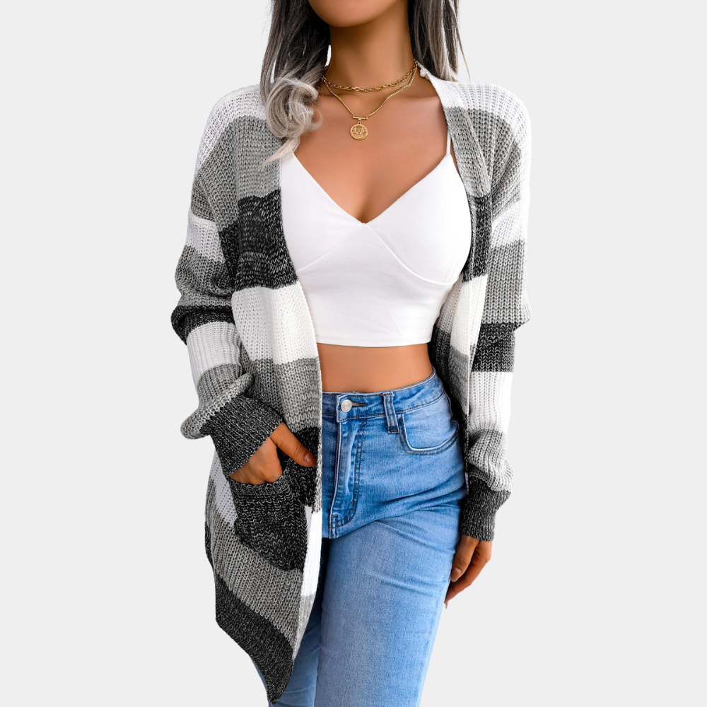 Nellie | Dame Stribet Cardigan med Lange Ærmer