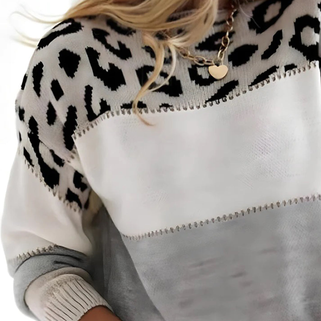 Susann | Dame Casual Leopard Striktrøje med Ribkanter
