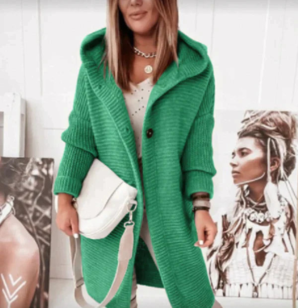 Birthe | Dame Lang Cardigan med Hætte og Knappelukning