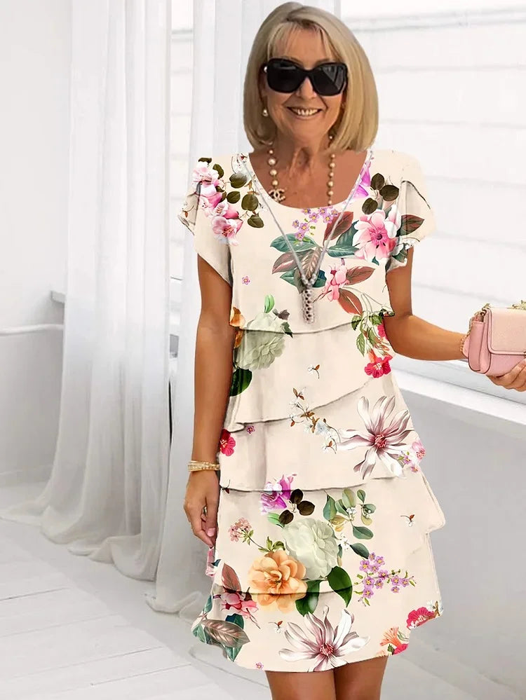 Lærke - Blomstret Kjole med Elegante Volanter