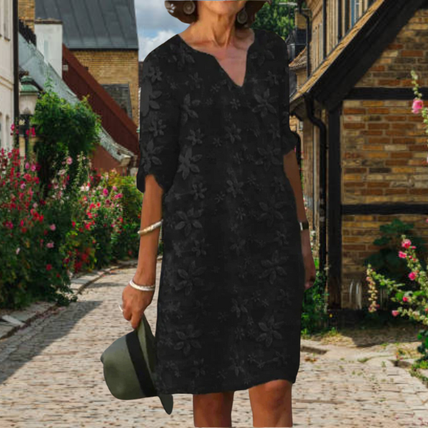 Birgit | Blomstret midi-kjole med blonder til kvinder