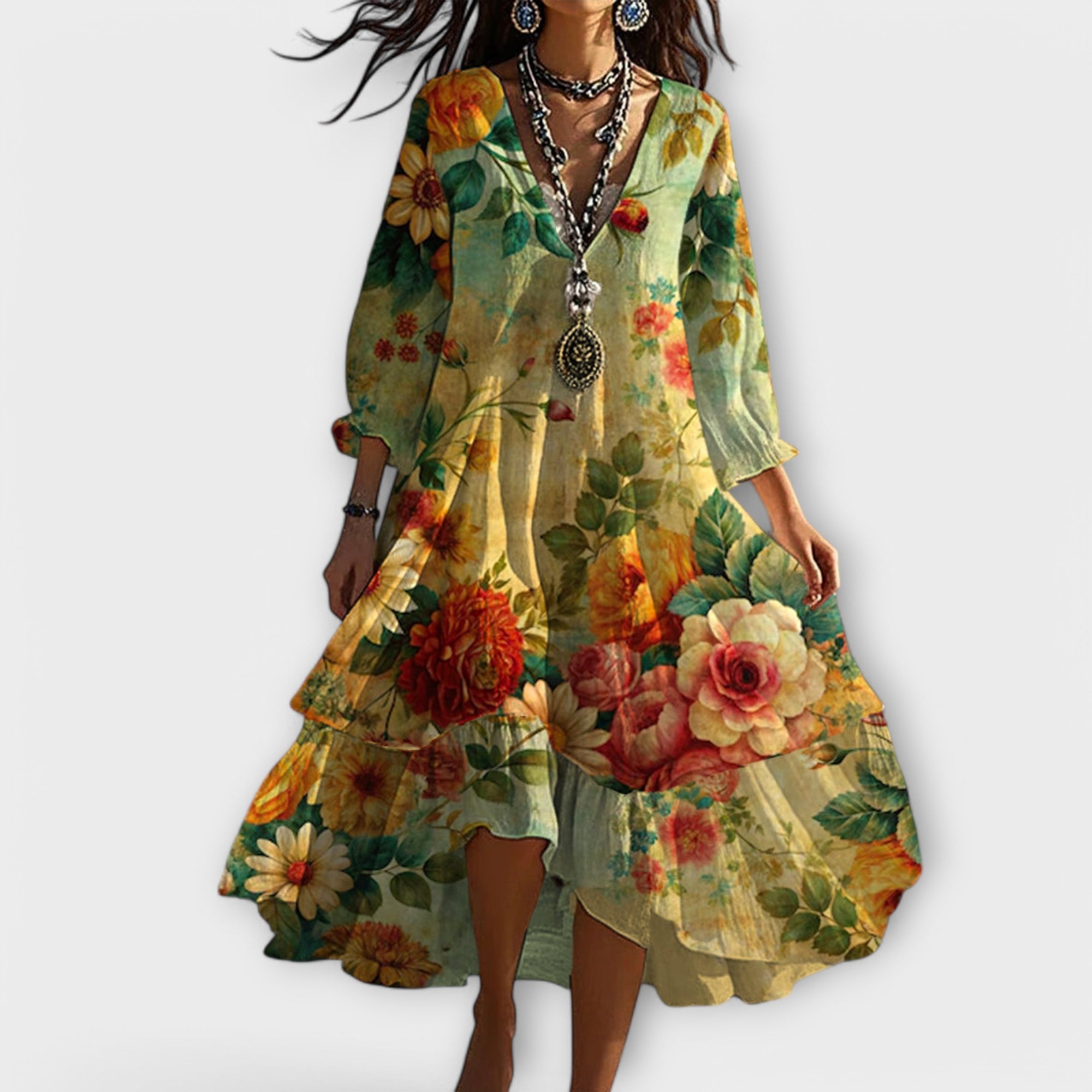 Yrsa – Vintage Boho Kjole med Blomsterprint og V-udskæring