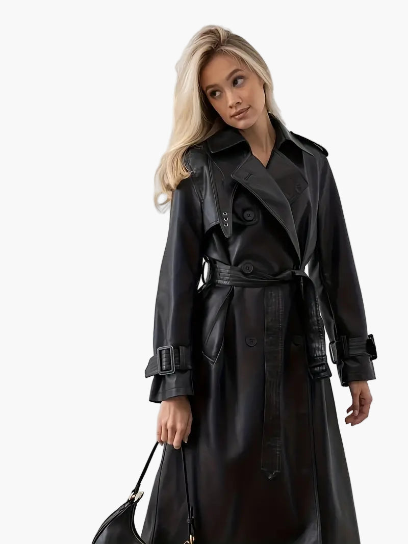 Annemarie | Trendy Dobbeltbrystet Lang Læder Trenchcoat