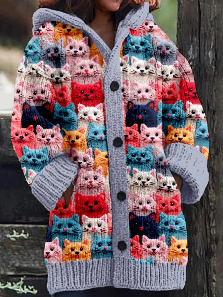 Karla | Damens Vinter Hoodie Frakke med Katteprint