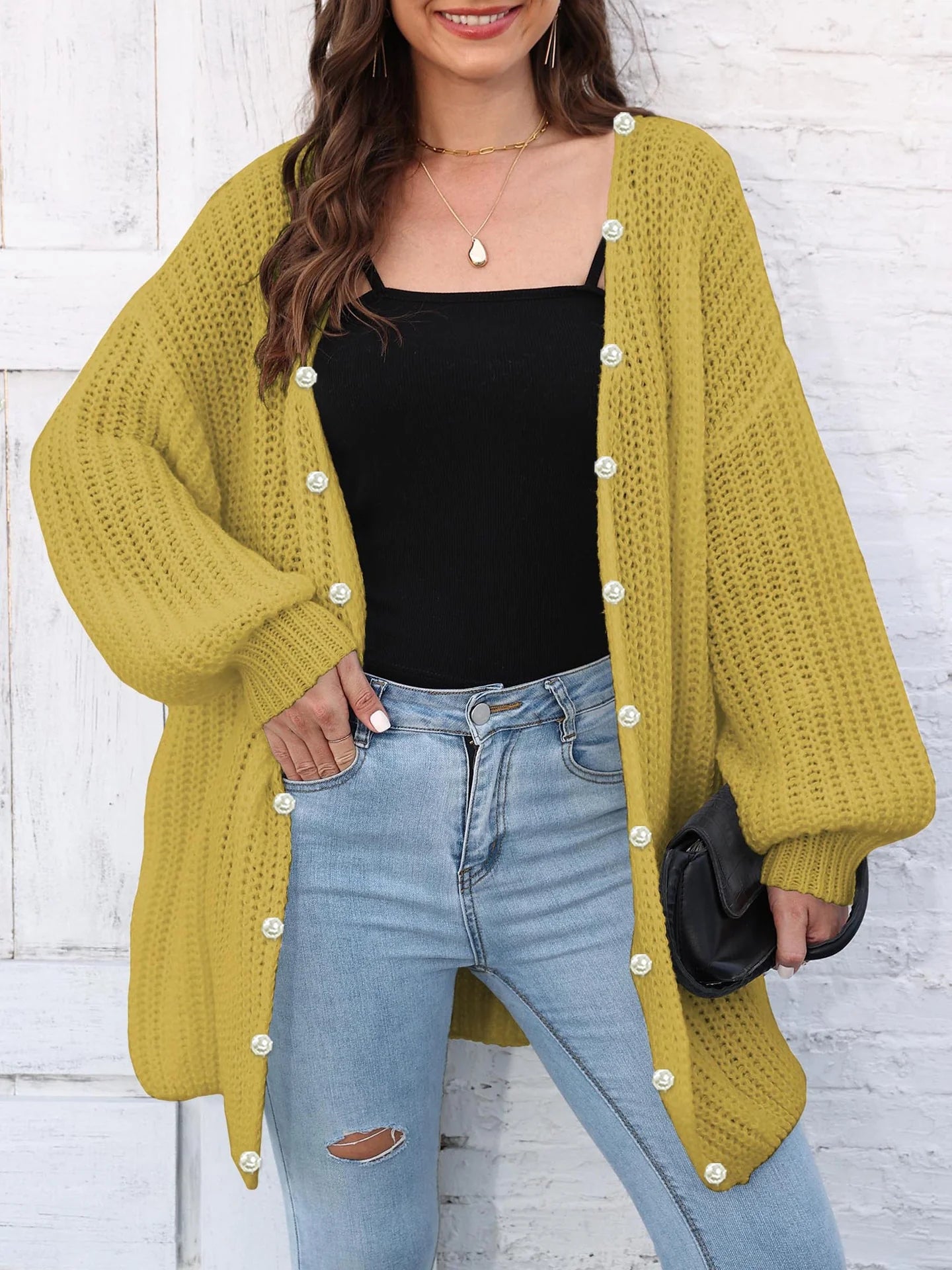 Berit | Damens Vinter Knappelukket Cardigan med Perler