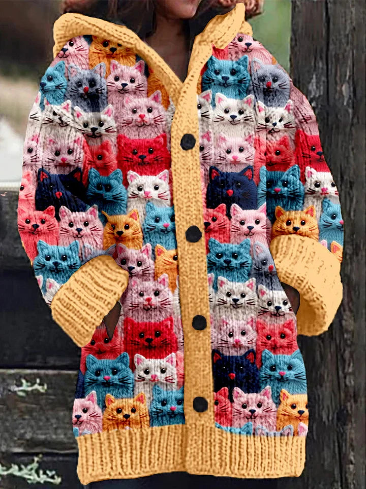 Karla | Damens Vinter Hoodie Frakke med Katteprint