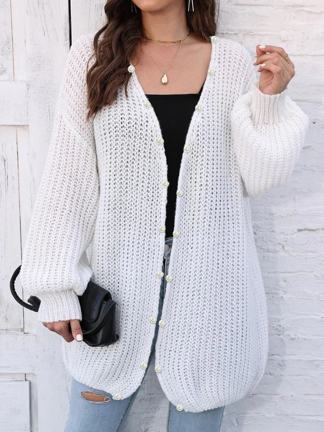 Berit | Damens Vinter Knappelukket Cardigan med Perler