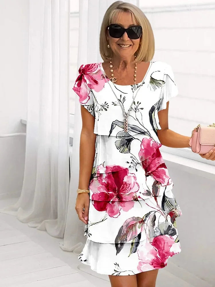 Lærke - Blomstret Kjole med Elegante Volanter