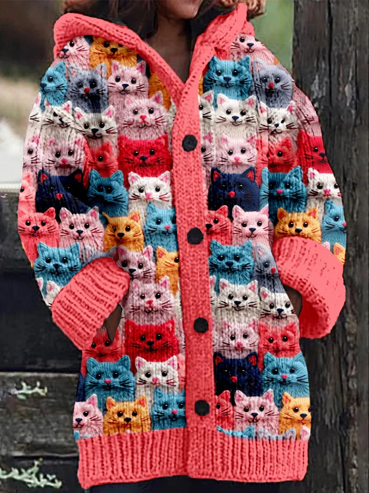 Karla | Damens Vinter Hoodie Frakke med Katteprint