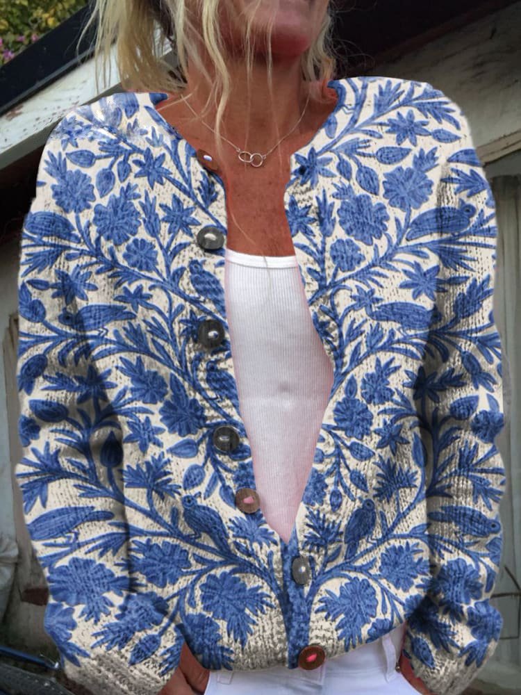 Charlotte | Dame Cardigan med Blomsterprint og Løs Pasform