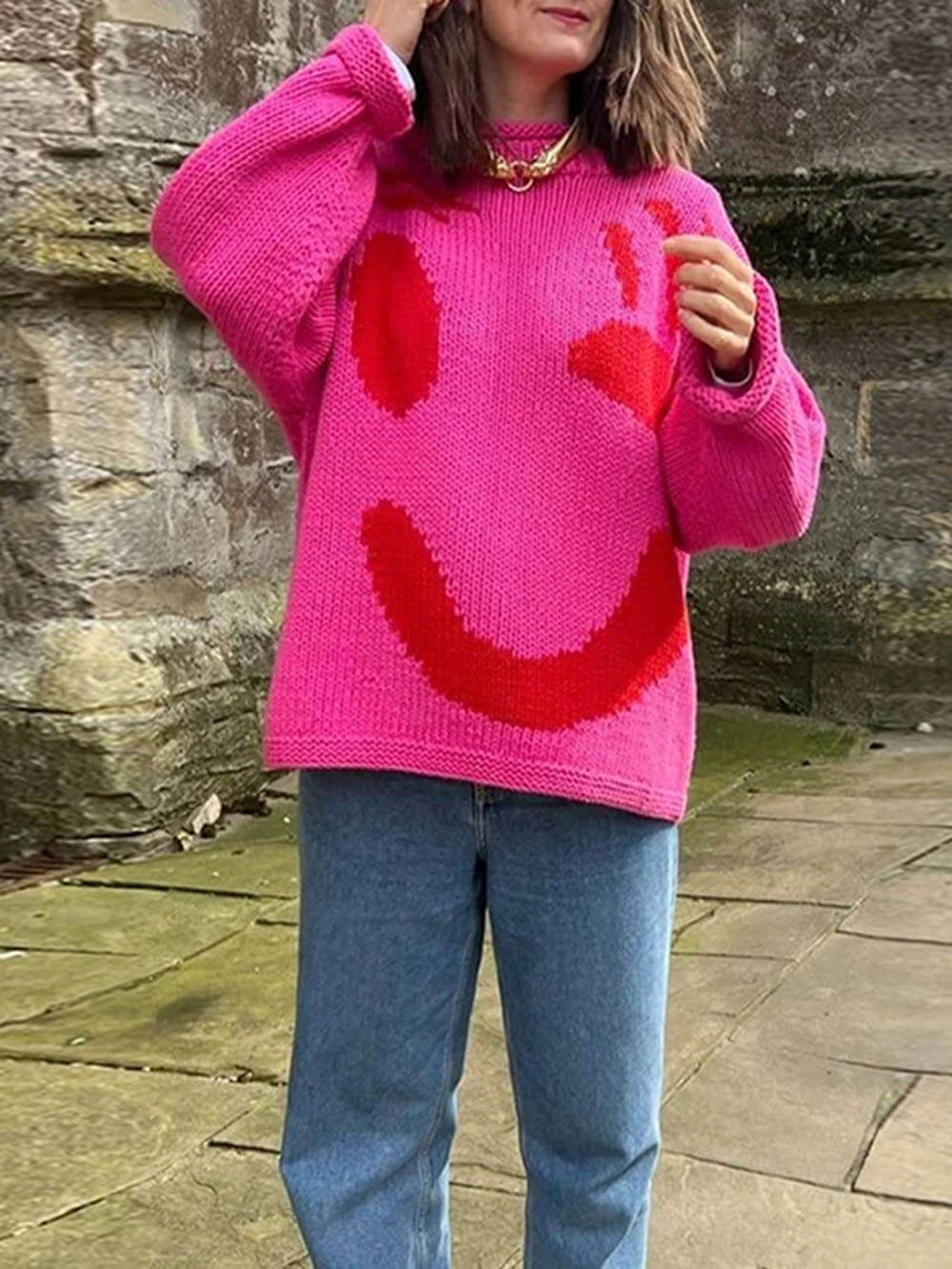 Birthe | Dame Vinter Casual Pullover med Smile-Print