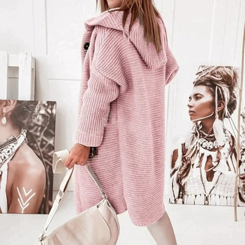 Birthe | Dame Lang Cardigan med Hætte og Knappelukning