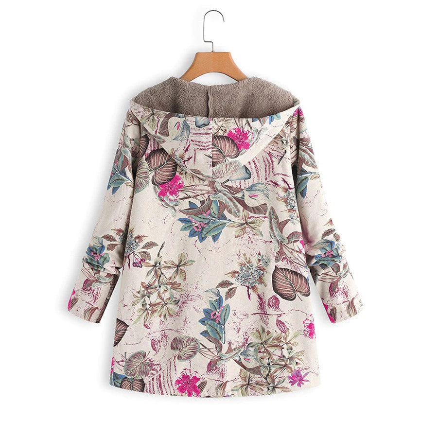 Birthe | Dame Vinterfrakke med Blomsterprint og Hætte