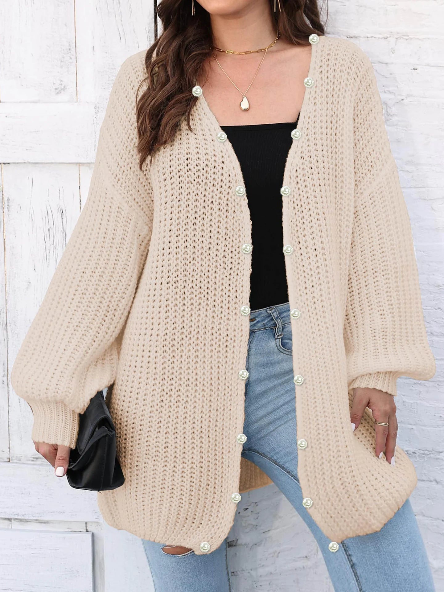 Berit | Damens Vinter Knappelukket Cardigan med Perler