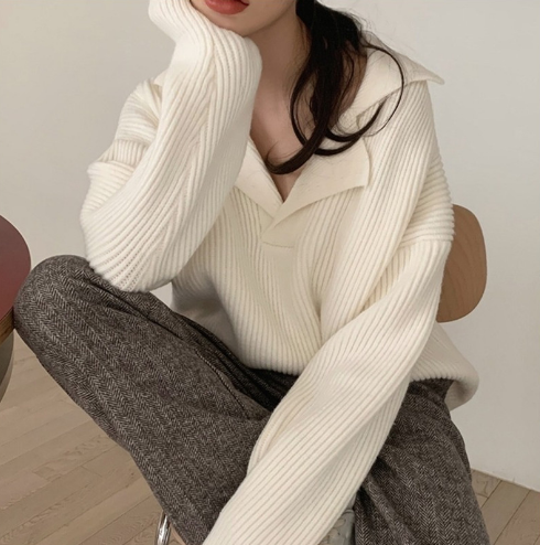 Ditte | Damens Vinter Ribstrikket Krave Sweater